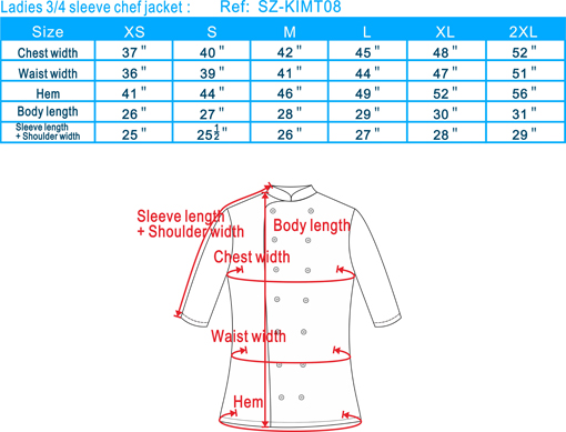 女装3 4袖厨师服尺寸表(英文）