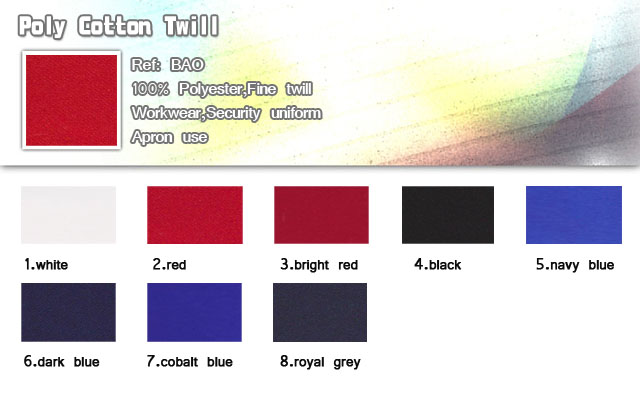 Fabric-Poly Cotton twill-100% polyester-Fine twill- For Workwear-Security uniform-Apron use-20101013