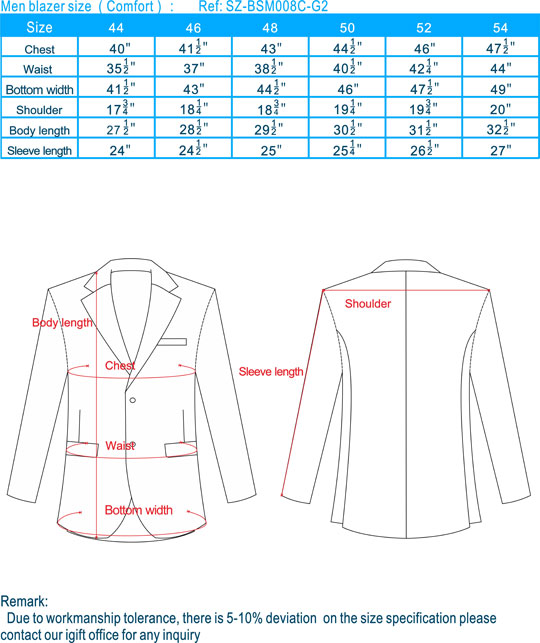 Business Suit Type Size Chart