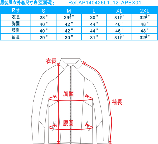 男裝風衣外套尺寸表(亞洲碼)