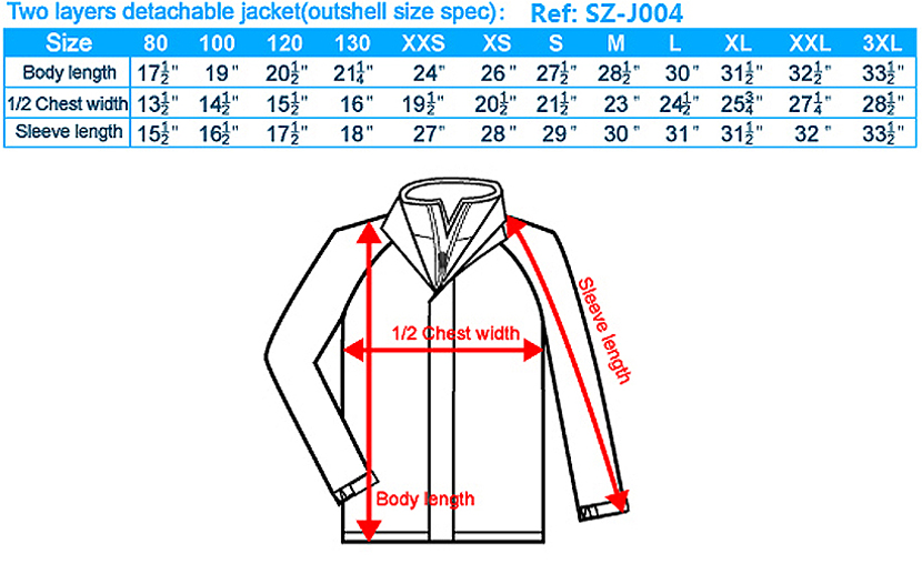 Two layers detachable jacket(outshell size spec)