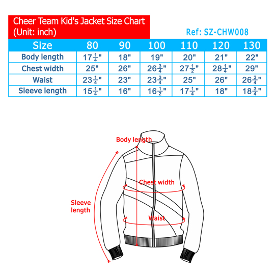 Cheer Team Kid's Jacket Size Chart