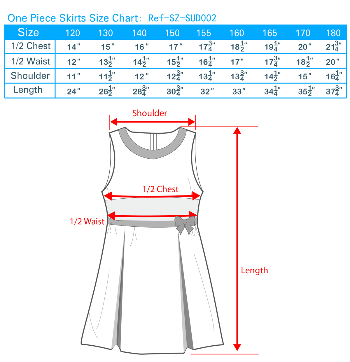 One Piece Skirts Size  Chart