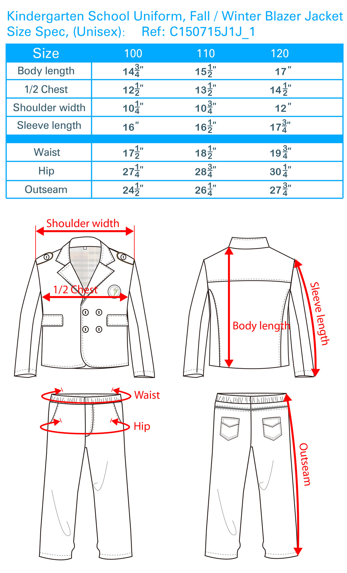 School Apparel Size Chart