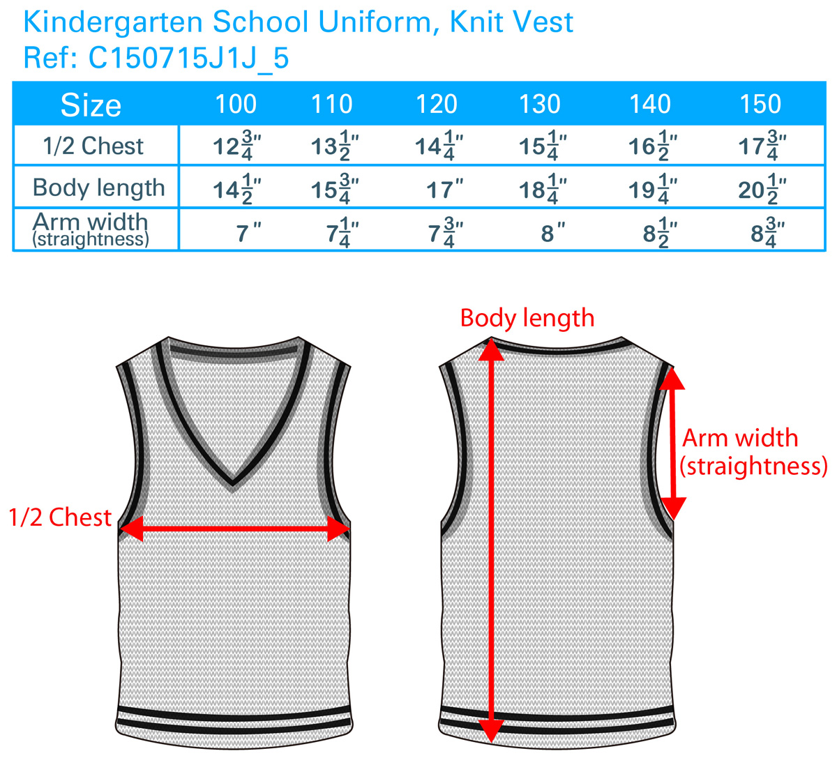 School Apparel Size Chart