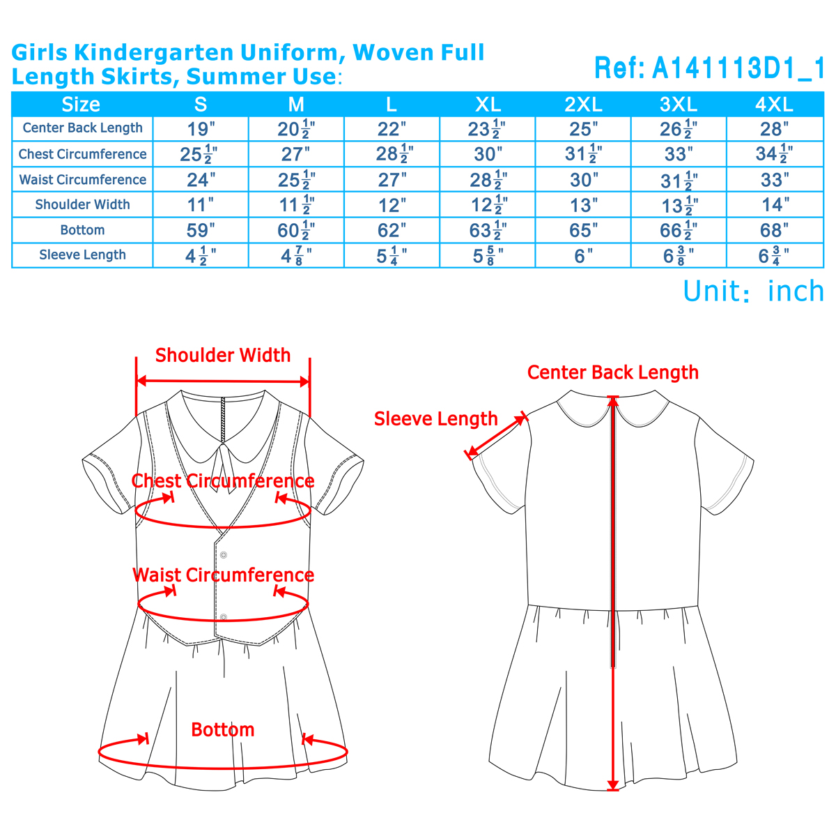 Rainbows Uniform Size Chart