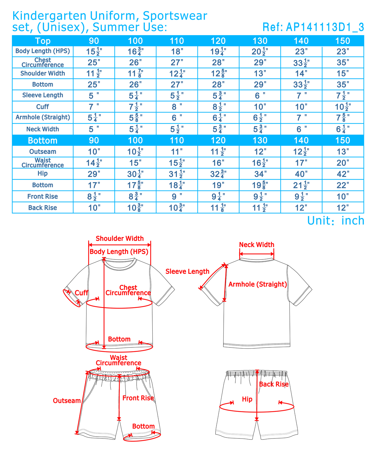 School Apparel Size Chart