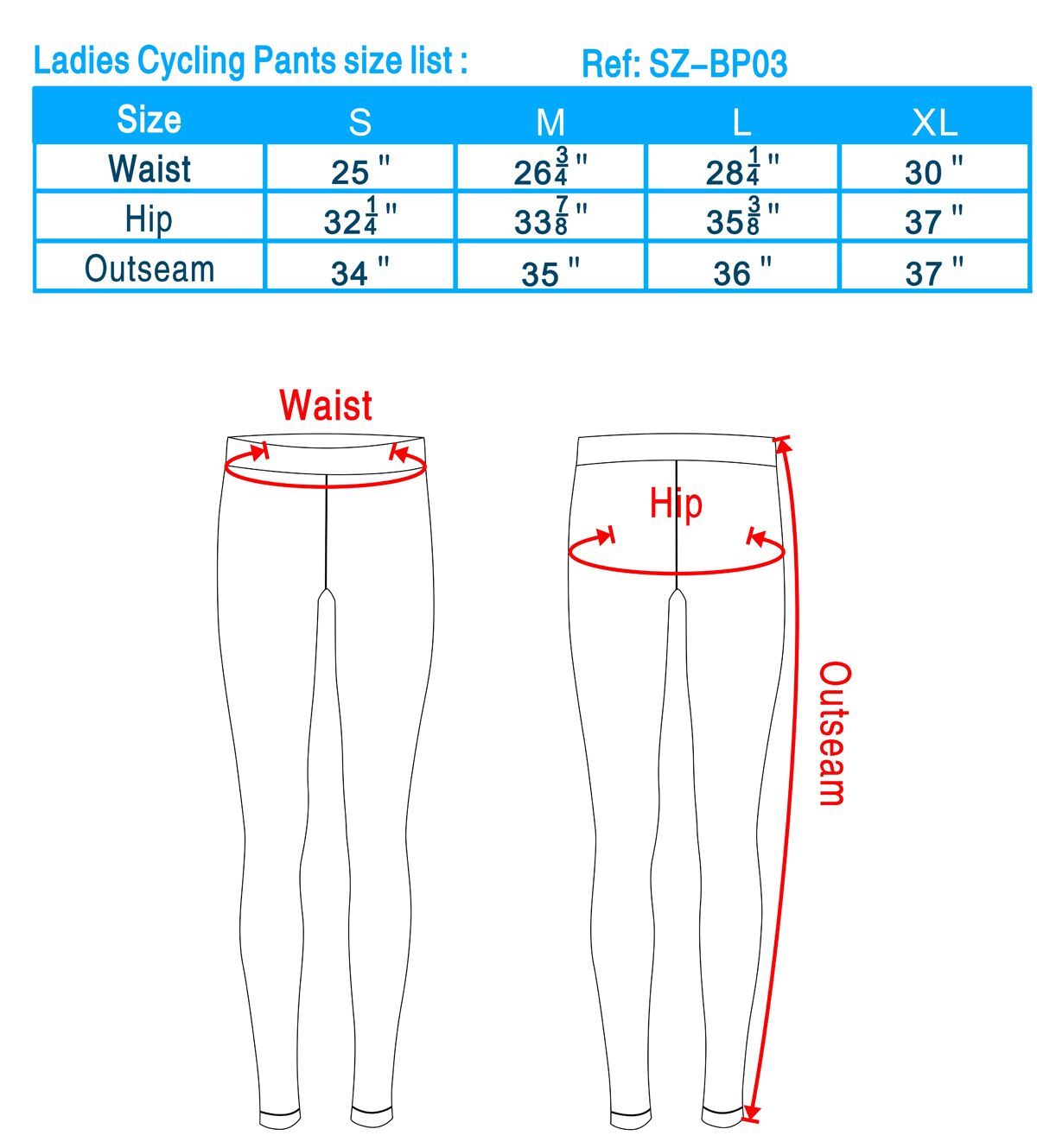 Ladies Cycling Pants size list