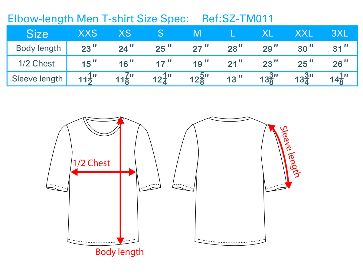 Elbow-length Men T-shirrt Size Spec