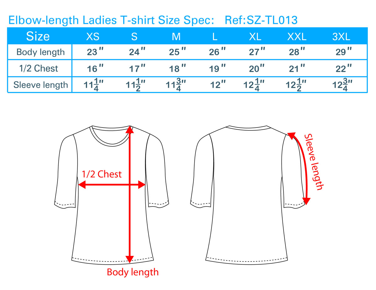 Elbow-length Ladies T-shirt Size Spec