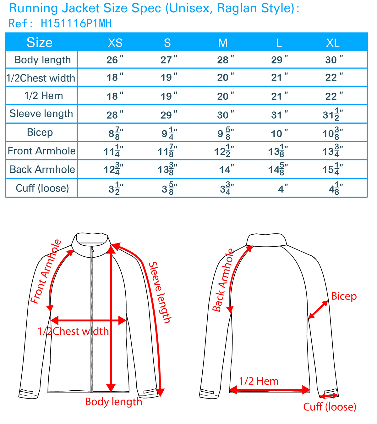 Running Jacket Size Spec(Unisex,Raglan Style)