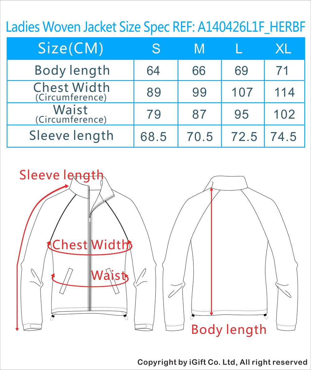 Ladies Woven Jacket Size Spec REF