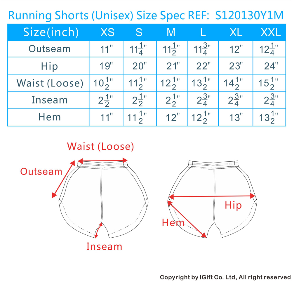 Running  Shorts(Unisex)Size Spec