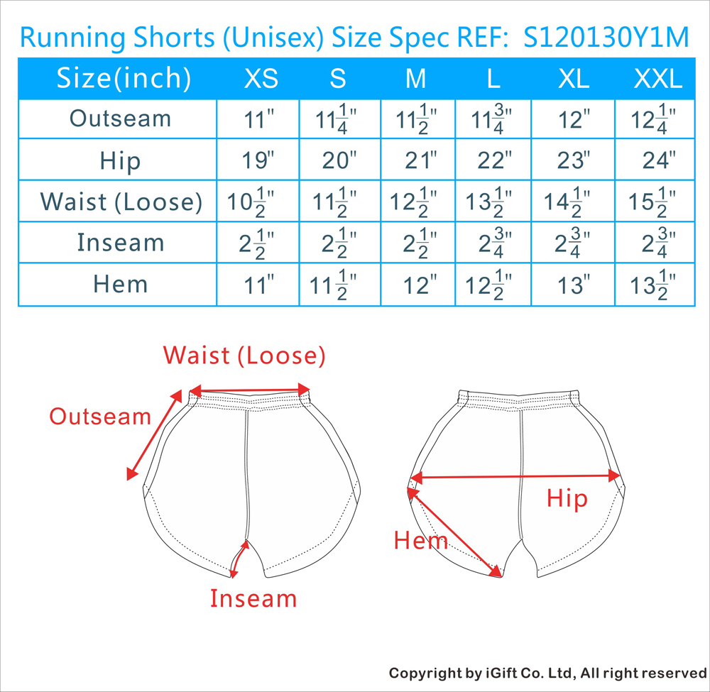 Running Shorts(Unisex)Size Spec
