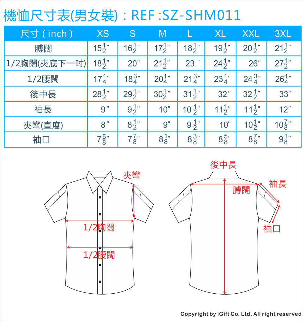機恤尺寸表(男女裝)