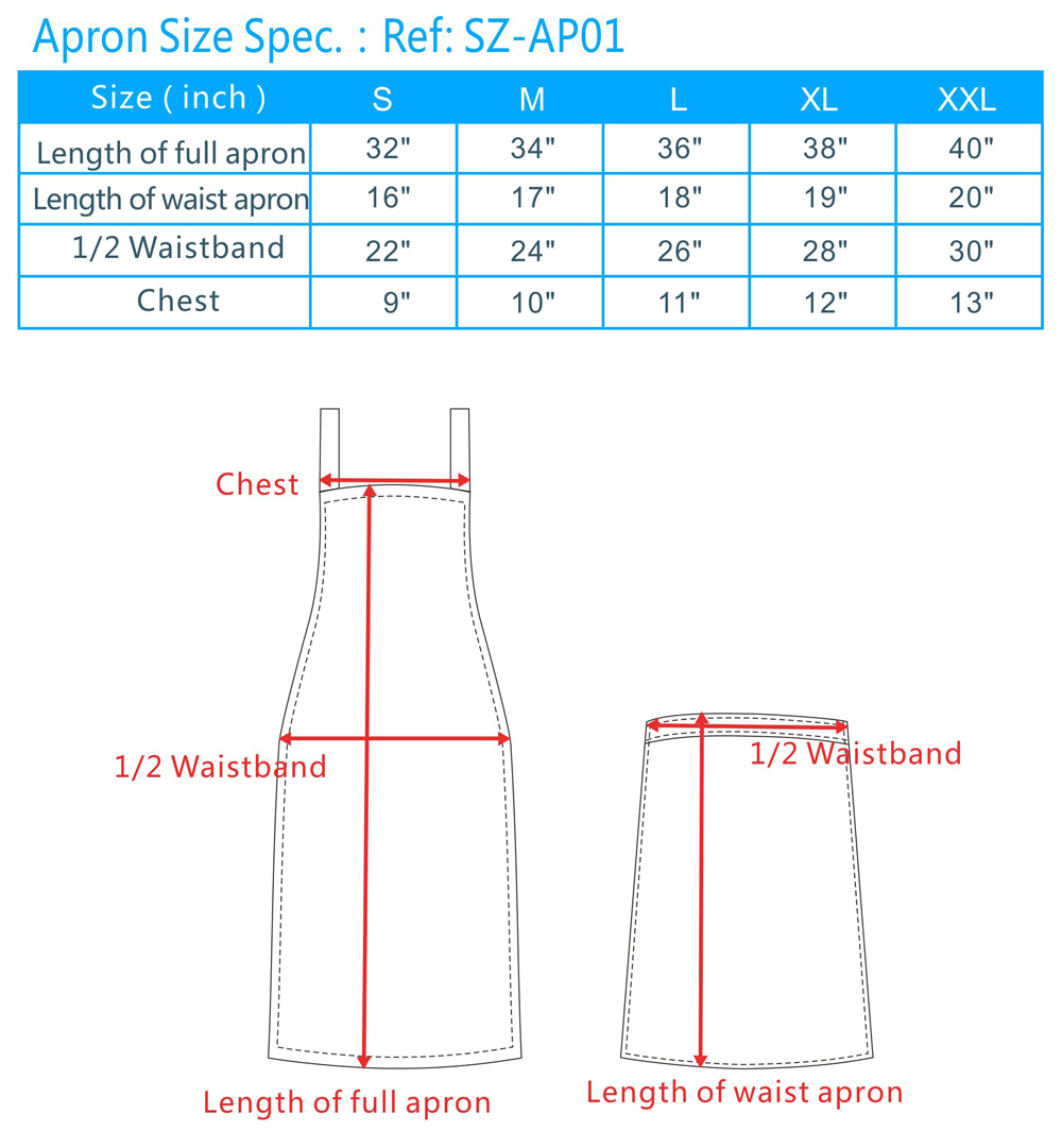 apron size chart, apron size dimensions, half apron size, children's