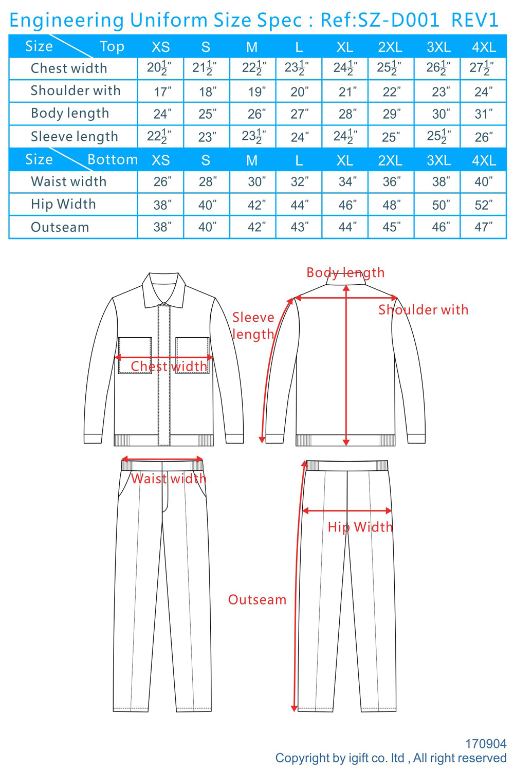 workwear size chart, engineer uniforms size guide, workwear uniform