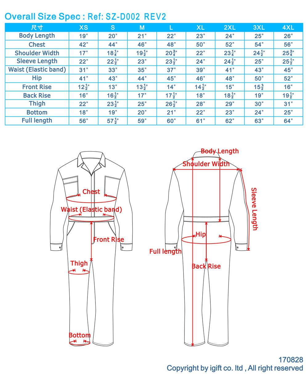workwear size chart, engineer uniforms size guide, workwear uniform