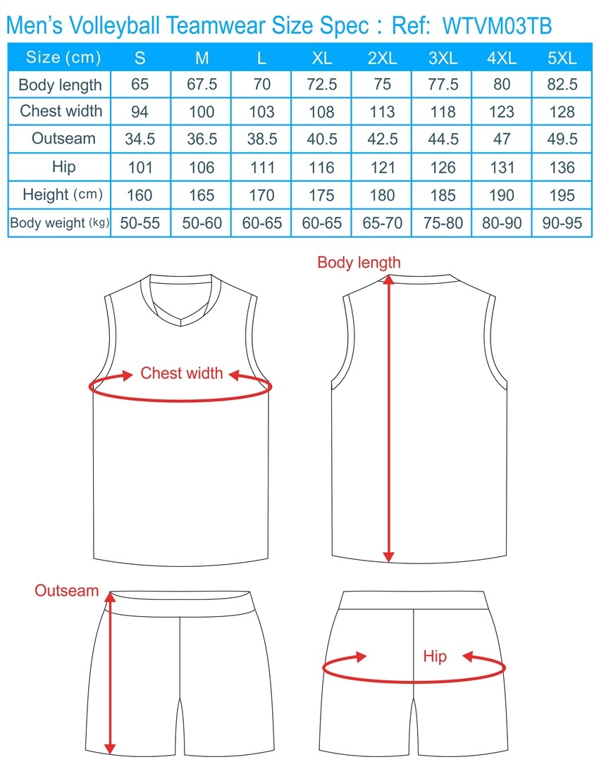 Volleyball Uniform Size Charts, For Custom Volleyball Jerseys