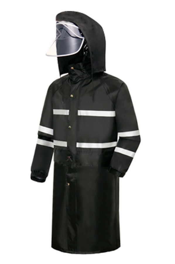 manufacturer of reflective hooded raincoats with large brims, kneehigh