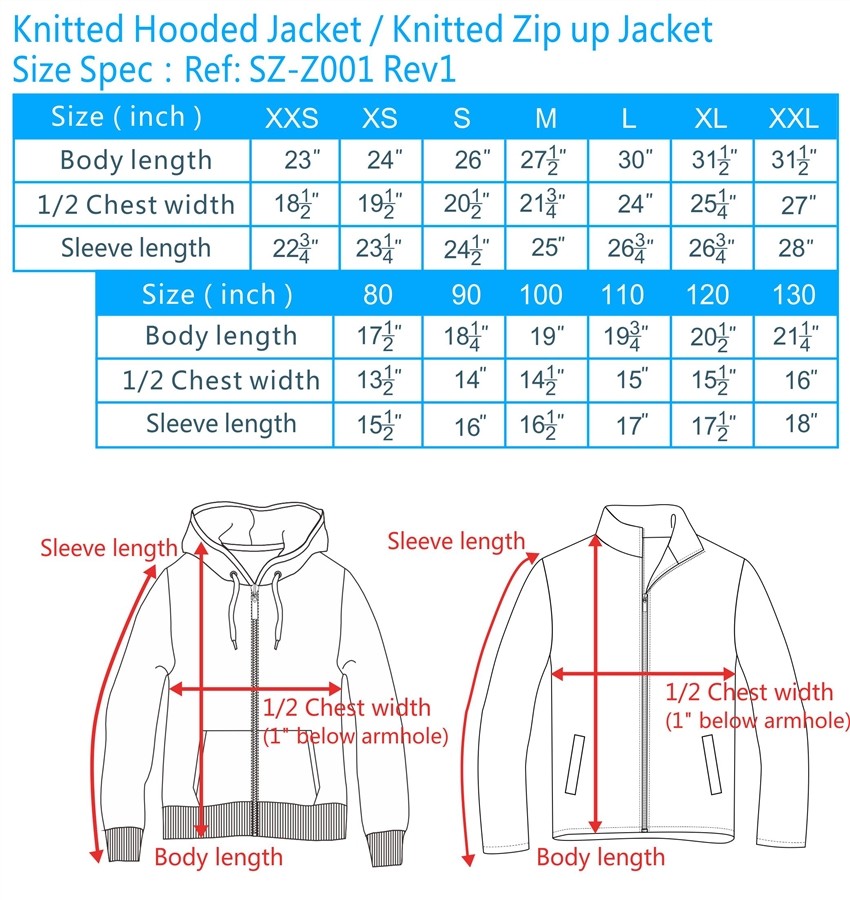 zip fleece jackets sizing, zip fleece hoodies size chart, sweatshirts ...
