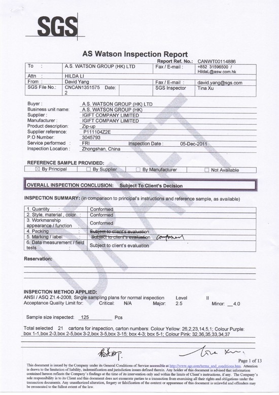SGS as Watson  Inspection Report-1-20130228