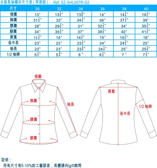 女è£é·è¢è¥¯è¡«å°ºå¯¸è¡¨ (å¸¸è¦æ¬¾)