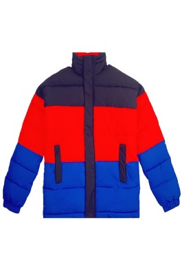 設計3色撞色羽絨外套    訂做啪鈕拉鏈羽絨外套   藍色紅色咖啡色撞色   羽絨外套供應商  J970