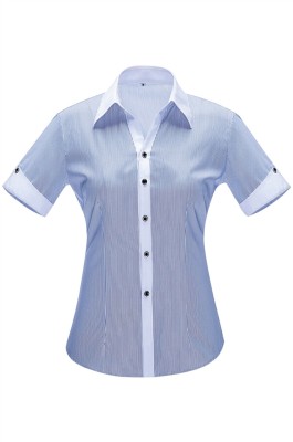 網上下單訂製短袖女款恤衫  設計V領修身藍寬細條紋襯衫  工作恤衫中心 35% Cotton 65% Polyester YWD3501 CHENSHANG SKR053