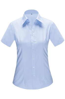 大量訂購工作恤衫  訂製女款短袖V領修身恤衫 藍色明斜條紋襯衫 45% Cotton 55% Polyester CHENSHANG YWD4507 SKR056