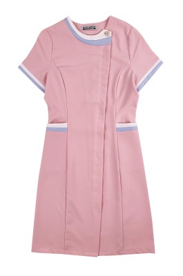 大量訂購女裝連身裙護士服  供應粉色撞色圓領高端護士服  護士服製衣廠  SKU046