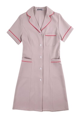 訂做短袖灰色長款護士裙   時尚設計蝴蝶領修腰粉色邊   皮膚管理護士服中心 SKU047