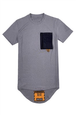 網上下單訂購灰色短袖T恤  時尚設計左前胸拉鏈袋口 花紗灰 織帶 設計衫袋 後幅 袋口設計 T1102