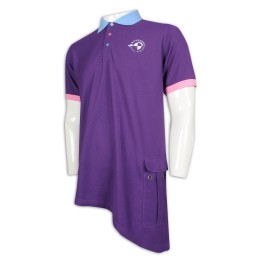 P1135 訂製撞色領Polo恤 不規則下擺 不同顏色 左邊插袋 按鈕 Polo恤生產商     紫色  腰袋 設計 P1135 訂製撞色領Polo恤 不規則下擺 不同顏色 左邊插袋 按鈕 Polo恤生產商     紫色  腰袋 設計