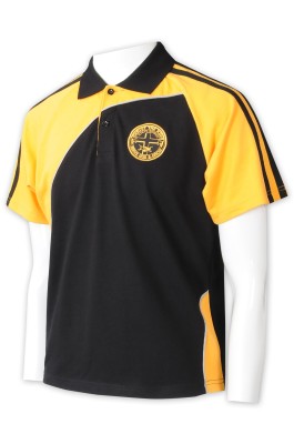P1326  來樣訂購拼色Polo    來樣訂做絲印logo   Polo恤專門店   黃撞黑  袖兩邊設計黑色橫條   撞色領    校服