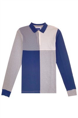 設計拼色灰色白色藍色長袖polo恤    訂做撞色男裝polo恤    polo恤設計公司  拼布 拼接   P1455