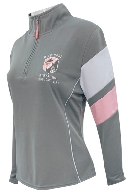 設計半胸拉鏈女賽馬訓練服   訂做女裝灰色賽馬訓練服  衫袖拼色設計  印花logo 國際邀請賽 馬術  澳洲  W225