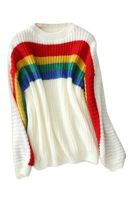 SKSW023 設計拼色彩虹條紋毛衣 供應套頭圓領長袖毛衫 馬海毛針織衫  毛衫專門店