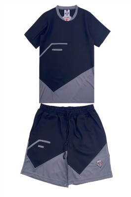 製造男裝短袖運動套裝   訂做圓領訓練套裝 黑色撞灰色繡花LOGO  運動套裝供應商 WTV180