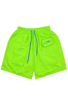 訂製螢光綠色運動短褲     設計藍色繡花logo短褲   運動褲供應商   鎖扣袋 多袋  U390       
