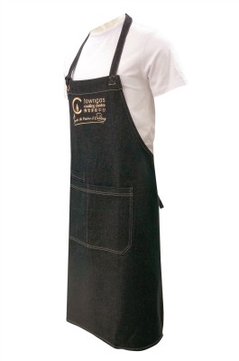 制定牛仔布圍裙   設計金色繡花logo   後綁帶   烹飪中心    料理   網上下單圍裙   製作圍裙工廠   AP174 