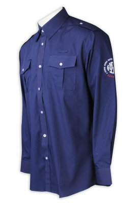 SE064 來樣訂製男裝長袖恤衫 時尚設計繡花LOGO恤衫 國際學校 保安 左右胸袋 左右肩帶款 恤衫生產商 深藍色 100%棉