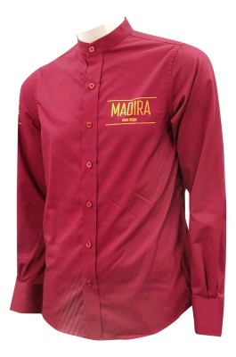 設計立領深紅色襯衫   訂造純色燙畫logo襯衫   長袖   廚師襯衫制服  KI112