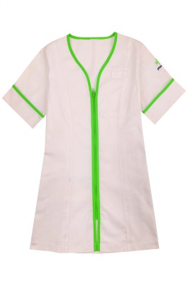網上下單訂做白色護士服  自訂綠色拉鏈 撞色包邊V領繡花LOGO護士服  護士服製衣廠  長款 英國 藥妝 連鎖店 NU072