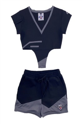 網上下單訂購短袖套裝女裝啦啦隊服   個人設計黑色V領繡花LOGO 加油隊 啦啦隊服裝 CH210