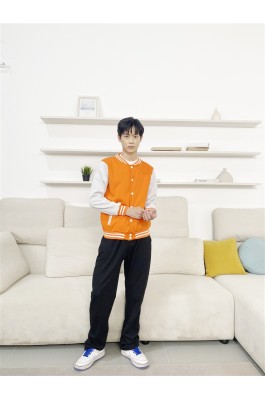 設計橙色拼色灰色   衫領衫袖條紋設計    時尚棒球褸設計公司    棒球褸模特試穿  BD-CN-22097