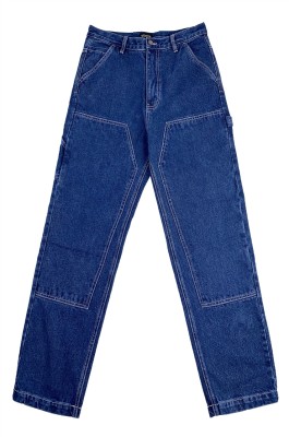 設計時尚拼接深藍色牛仔褲    大量訂購闊腳牛仔褲   100%滌    繡花logo   JS012