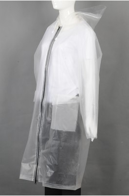 iG-BD-CN-021 订做白色透明过膝雨褛制服 设计拉链连帽抽绳帽檐雨褛制服  雨褛制服中心