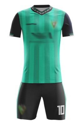 訂製團體足球套裝服  時尚設計間條綠色撞色領短袖足球服 足球套裝供應商 FJ029