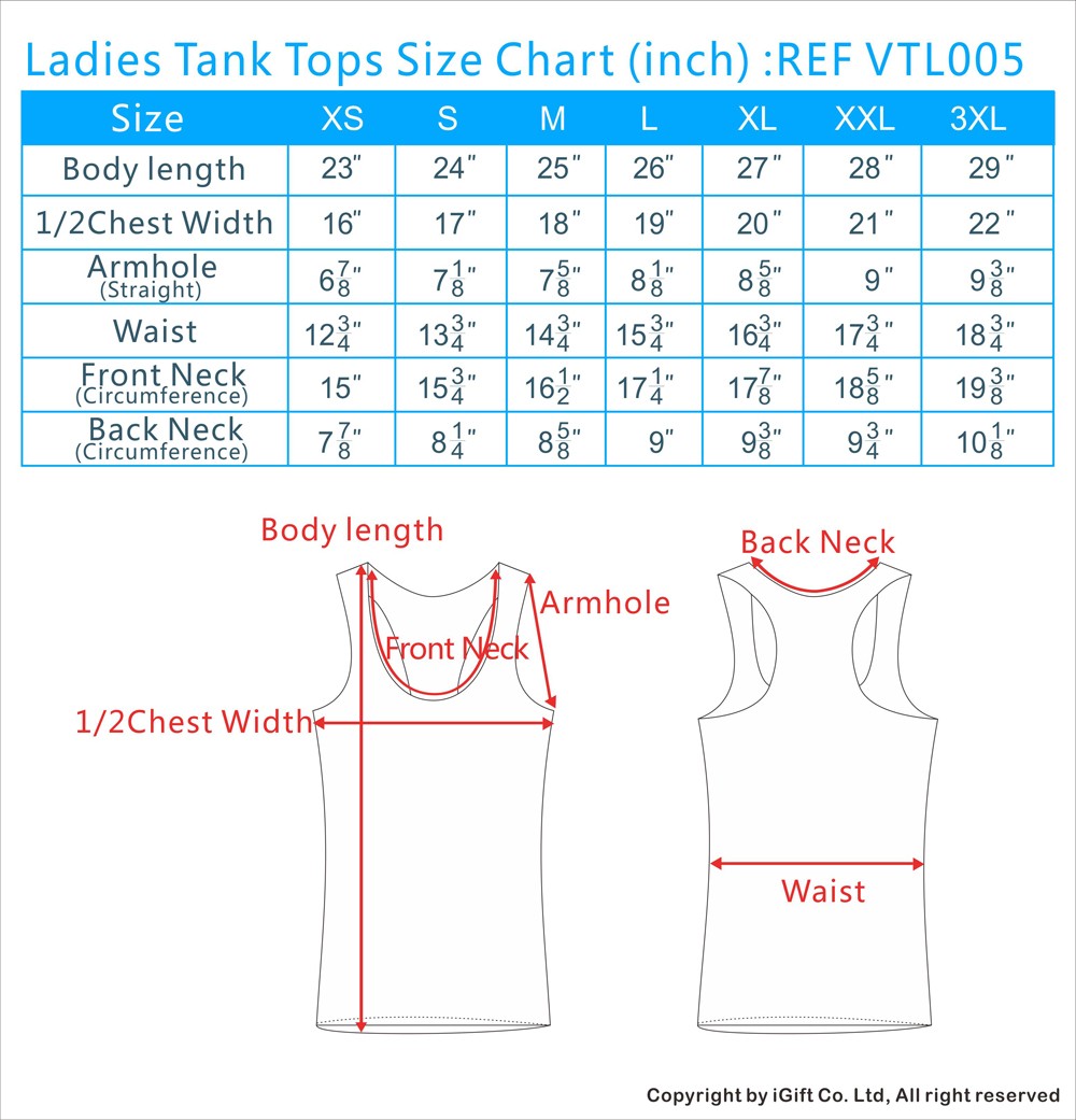 Ladies Tank Tops Size Chart(inch)